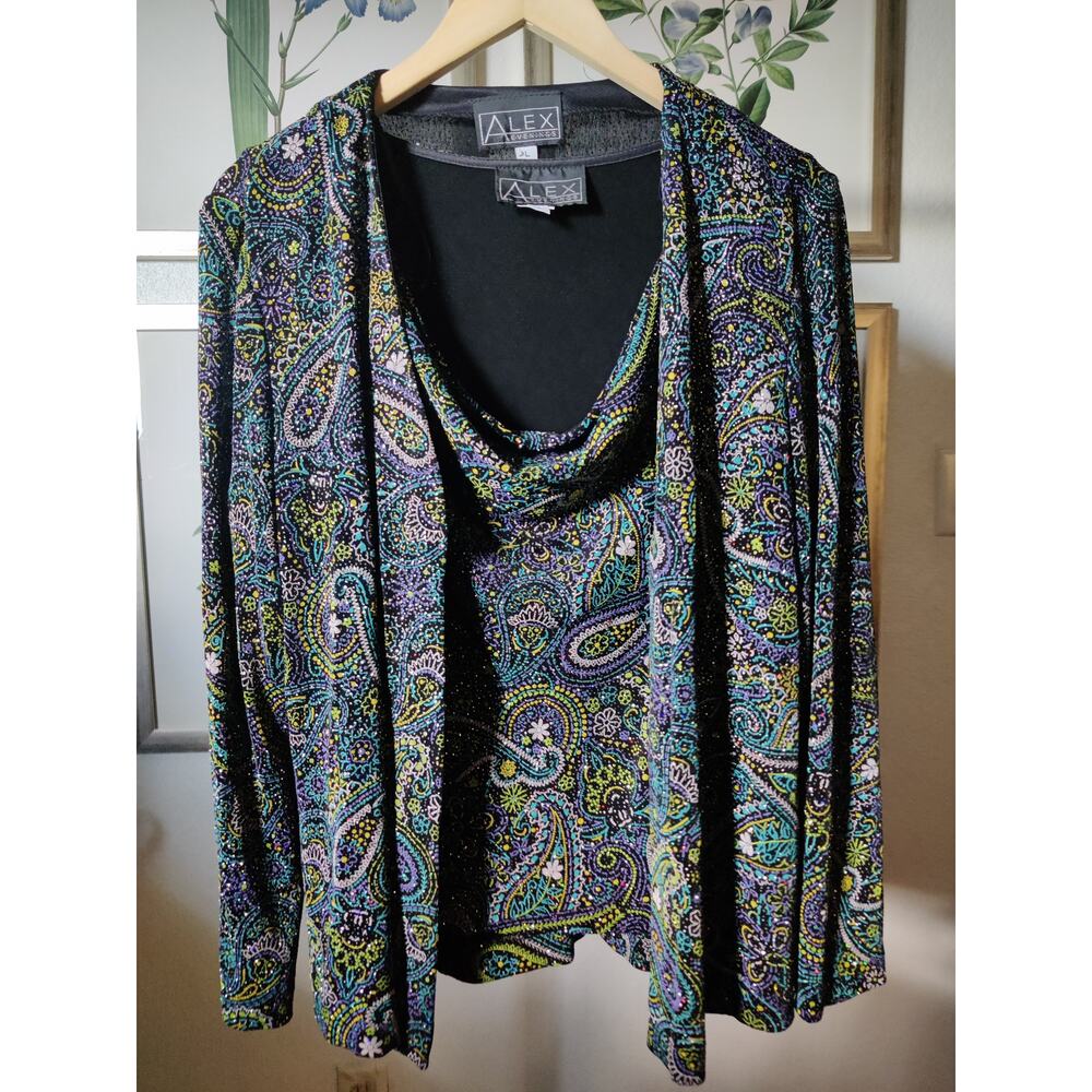 Alex Evenings Blue Green Sequin Formal Tank Cardigan Set Size L